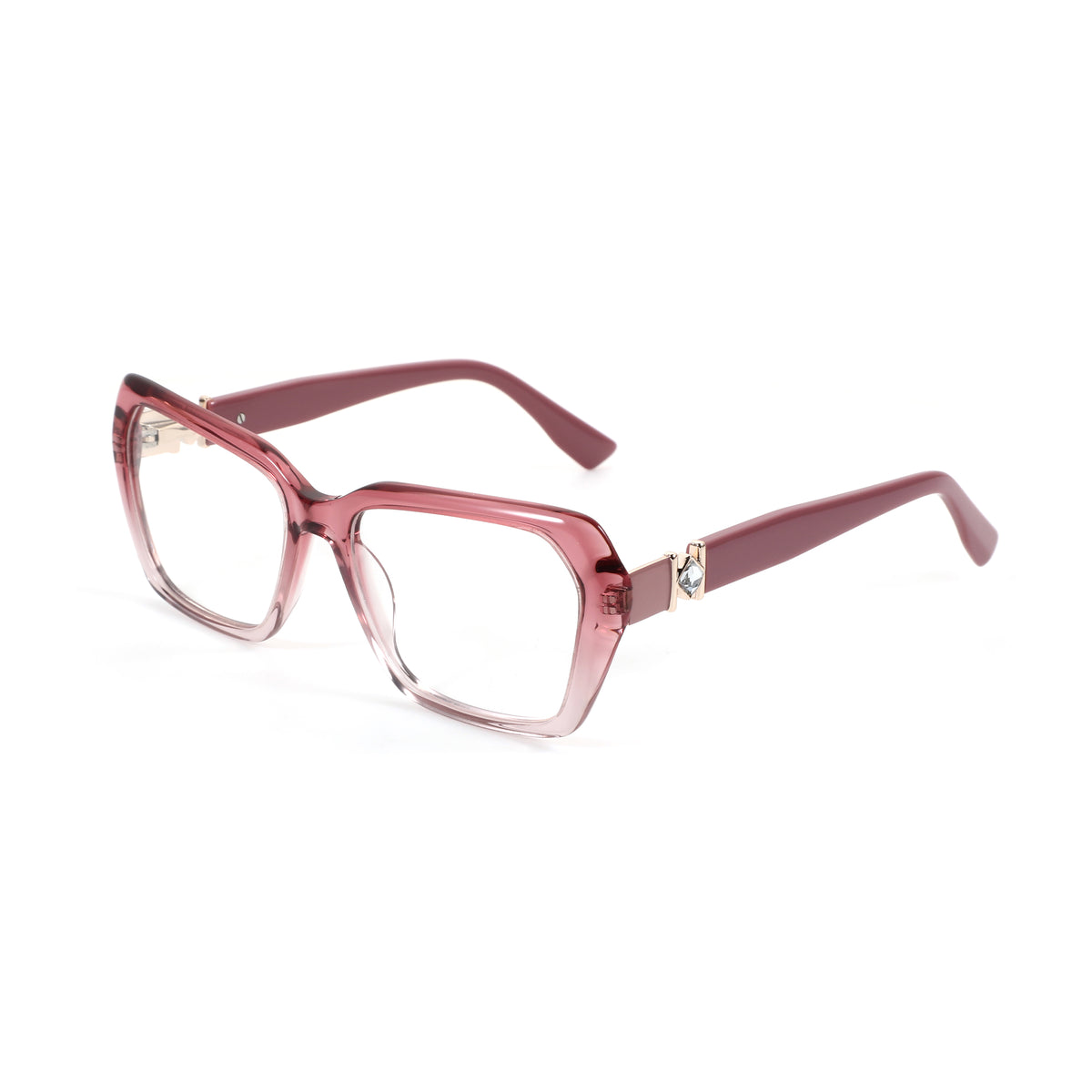 Pink geometric acetate eyeglasses with subtle gradient and crystal accent on the temple.