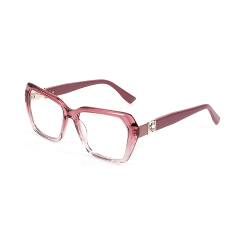 Pink geometric acetate eyeglasses with subtle gradient and crystal accent on the temple.