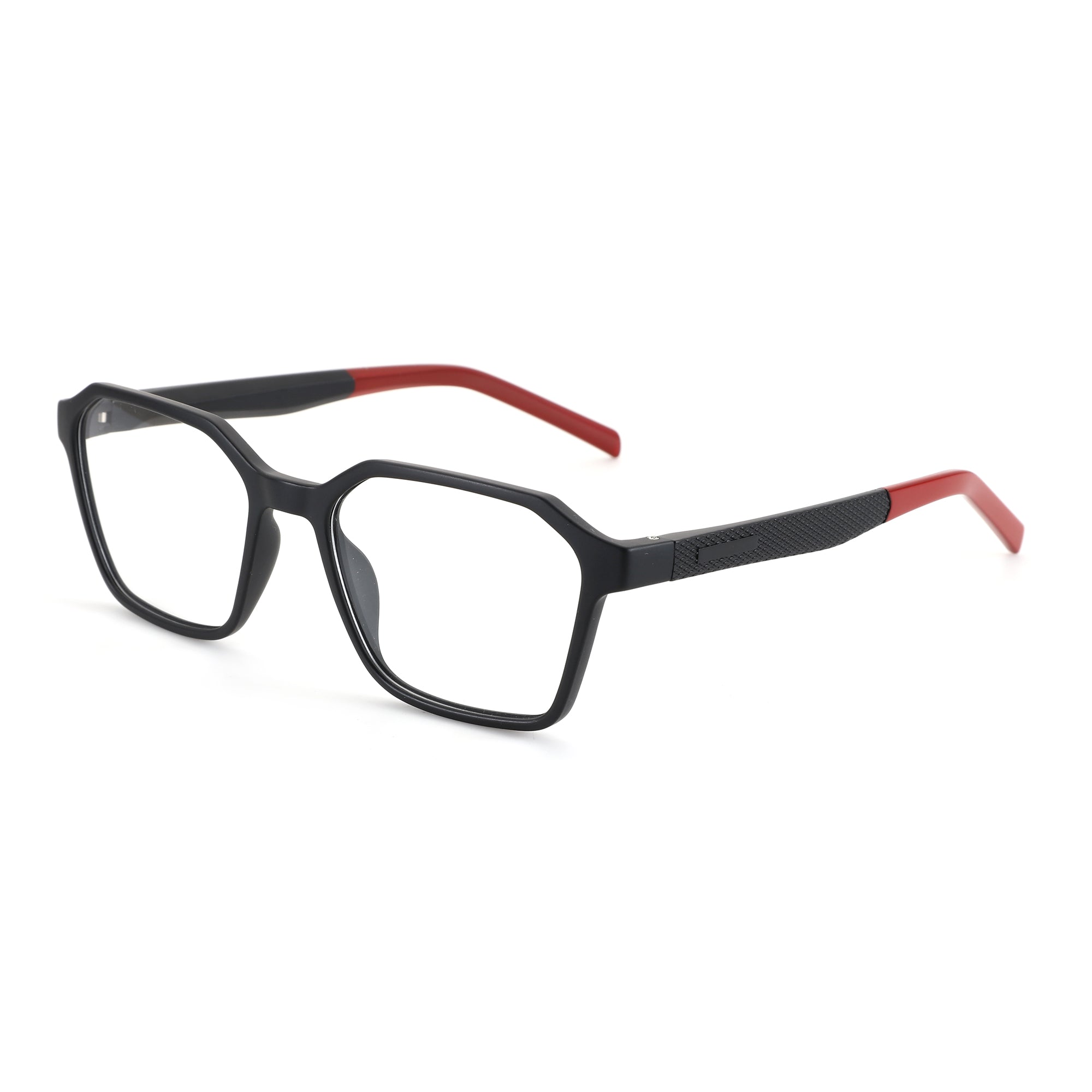 Black geometric Zenottic eyeglasses with red temple accents