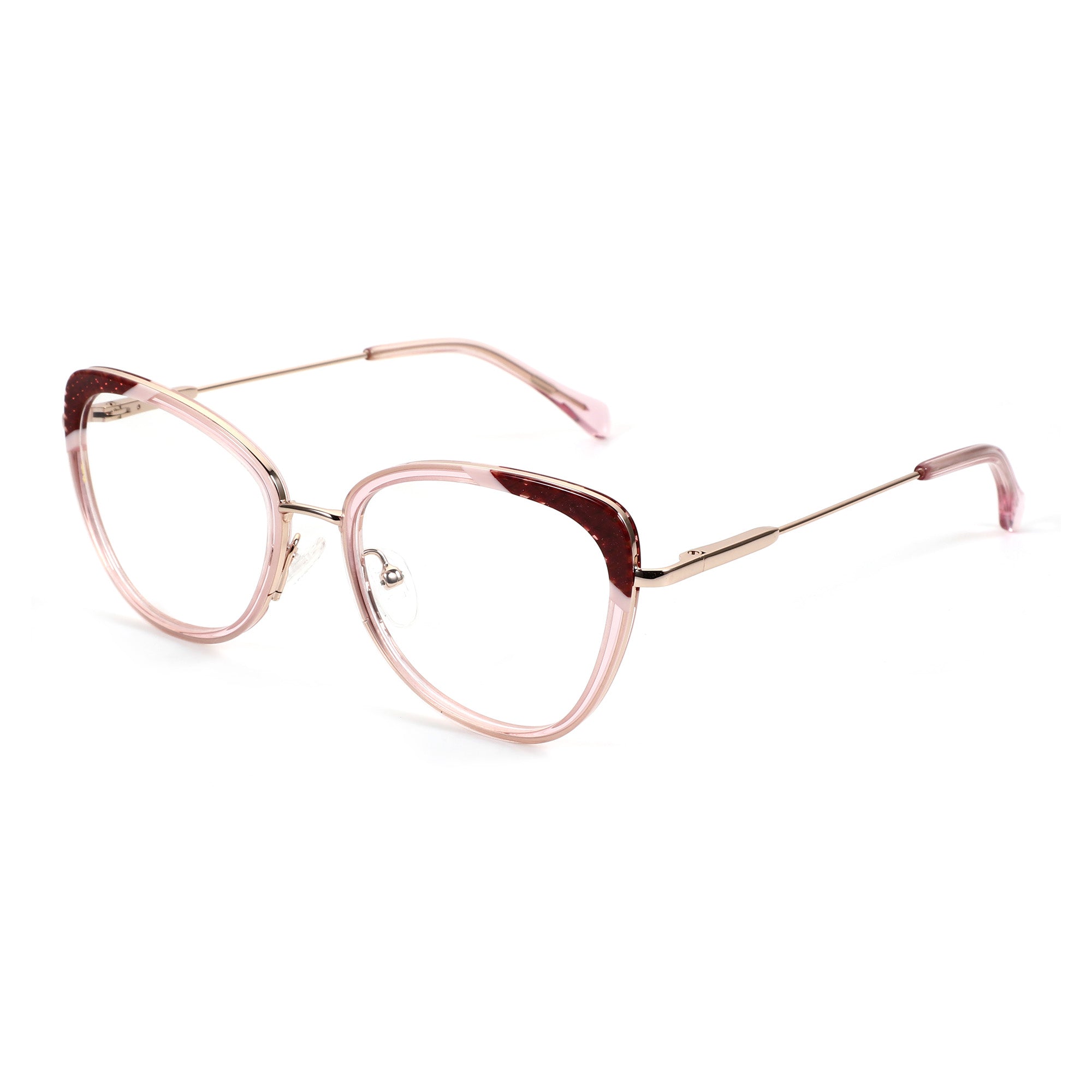 Zenottic Eyeglasses Paloma cat-eye frames in pink and red acetate & metal. Model EM2059-C1.