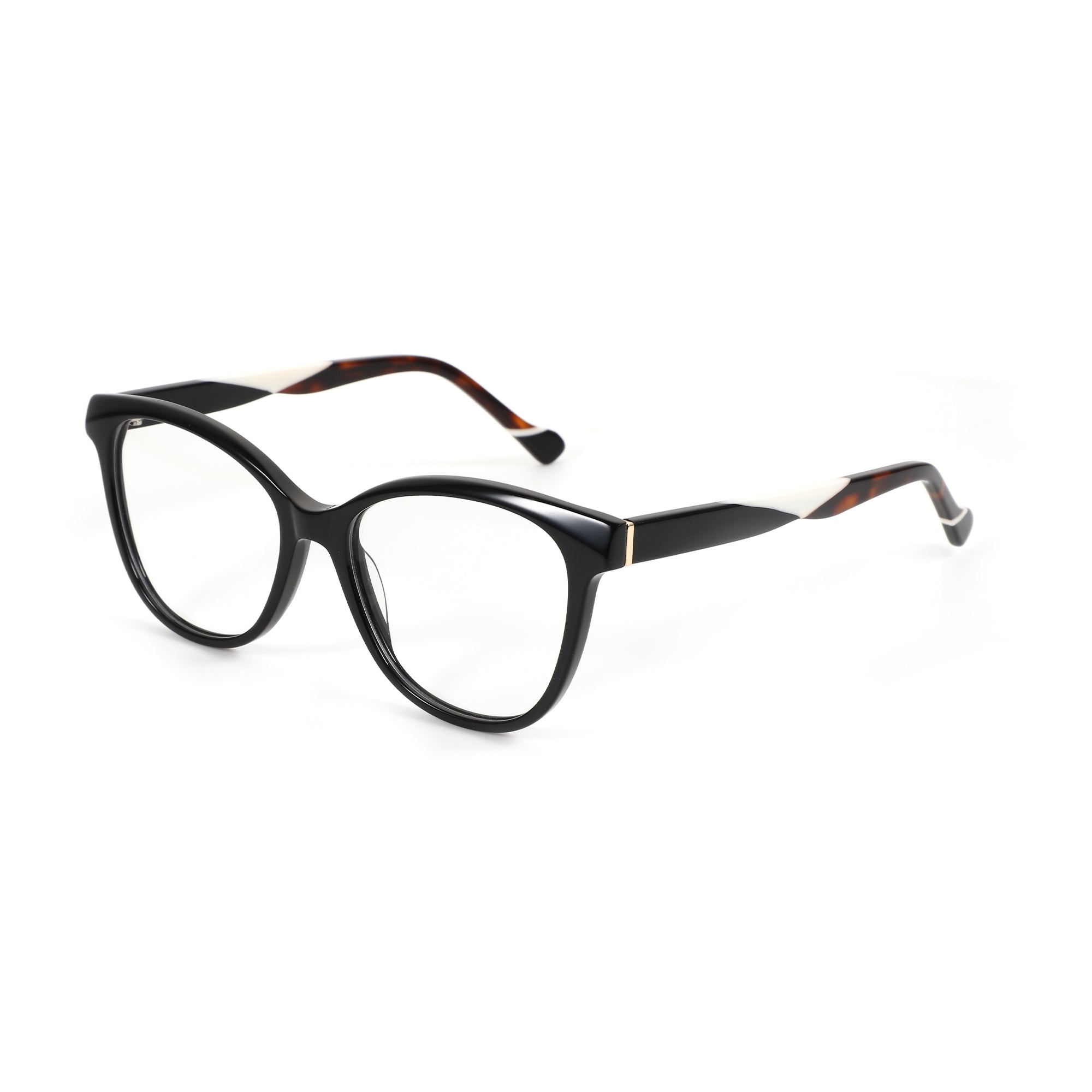 Zenottic Eyeglasses Isolde, black cat-eye acetate frames with tortoiseshell temples and gold accent.