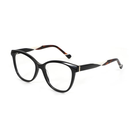 Zenottic Eyeglasses Isolde, black cat-eye acetate frames with tortoiseshell temples and gold accent.