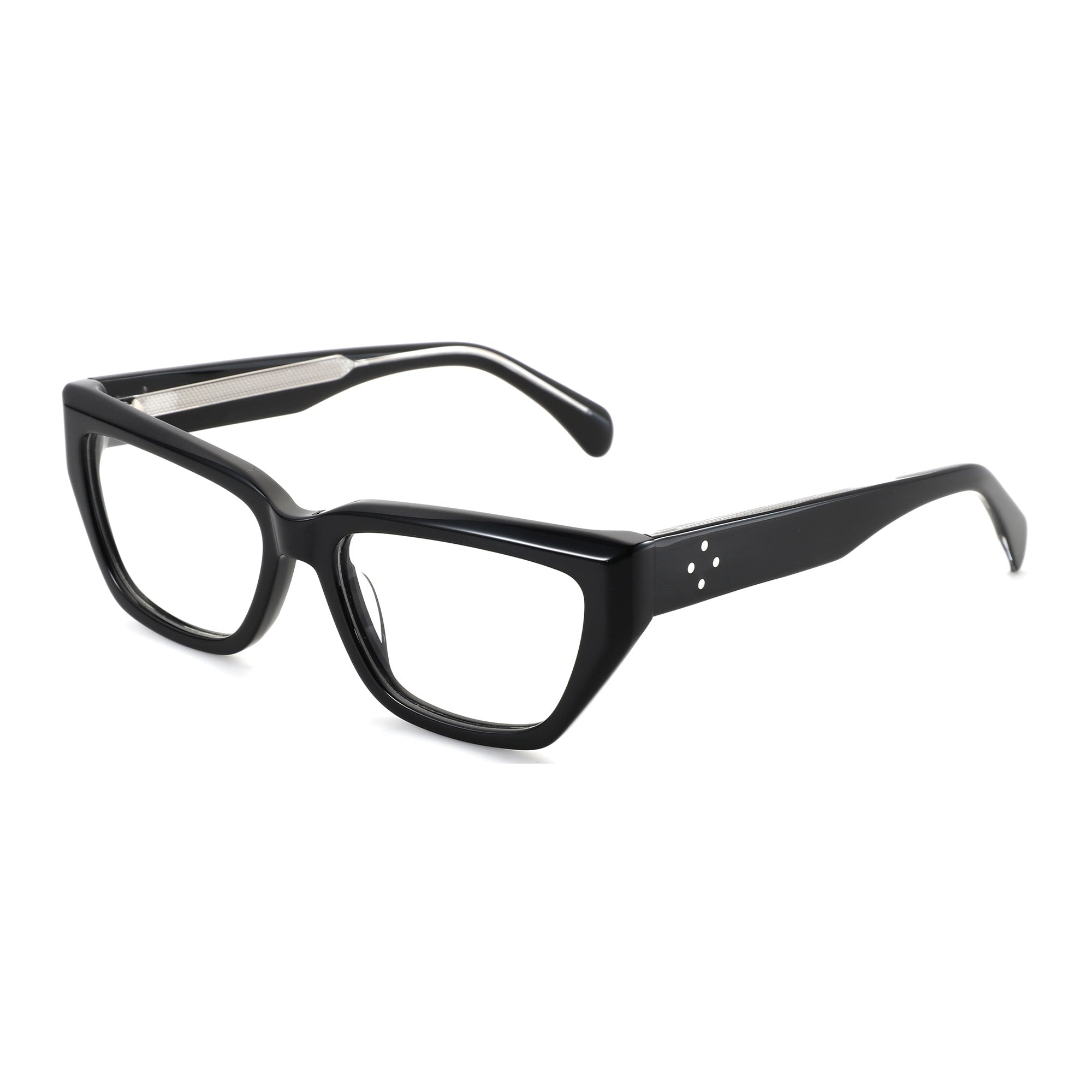 Zenottic Lumi black acetate angular cat-eye eyeglasses with silver temple detail.