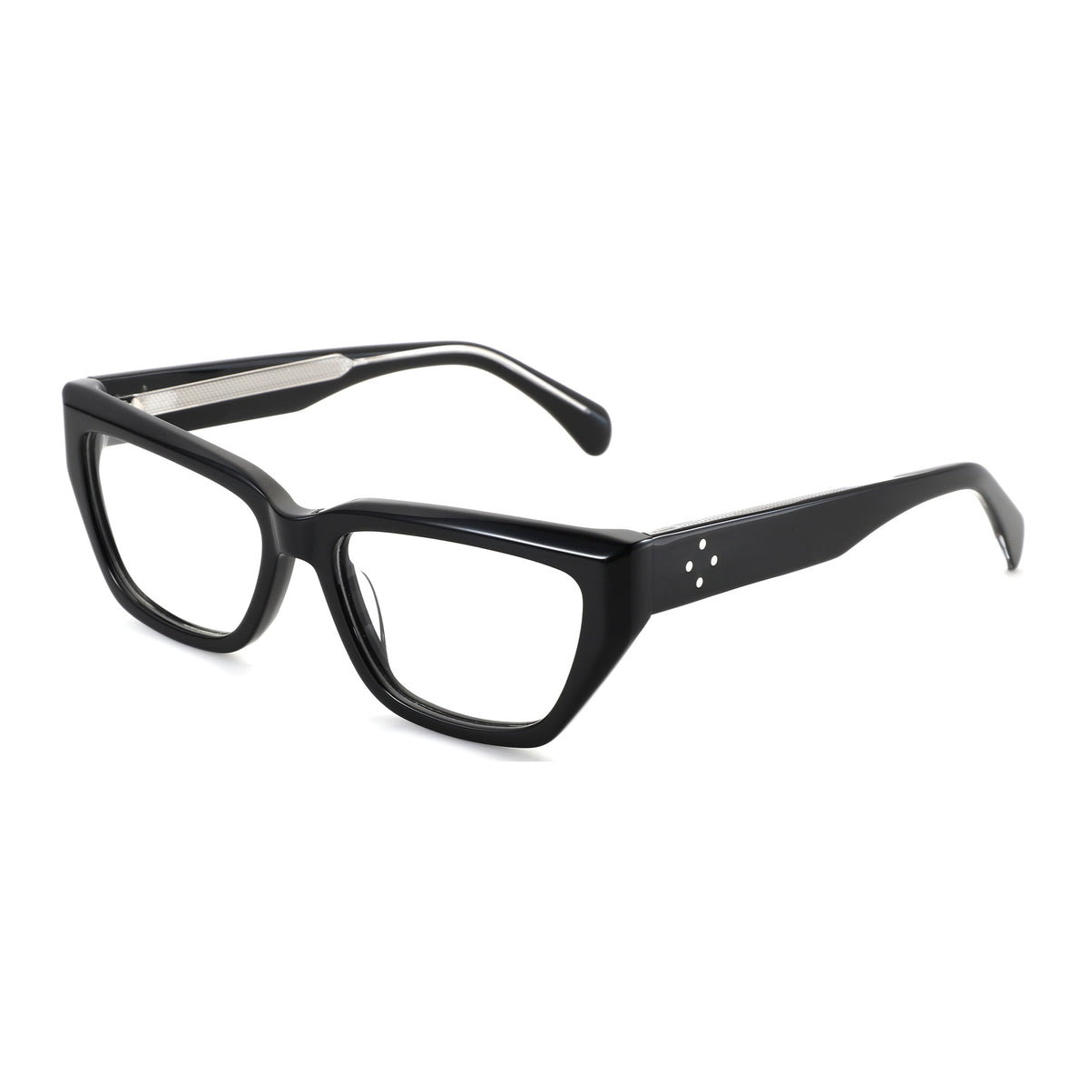 Zenottic Lumi black acetate angular cat-eye eyeglasses with silver temple detail.