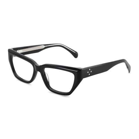 Zenottic Lumi black acetate angular cat-eye eyeglasses with silver temple detail.
