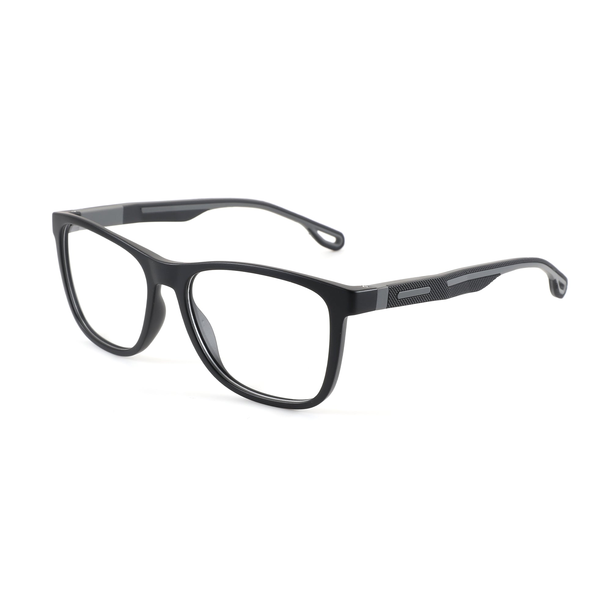 Zenottic Eyeglasses Preston, black full-rim plastic frames, clear lenses, grey textured temples, stylish optical frames.