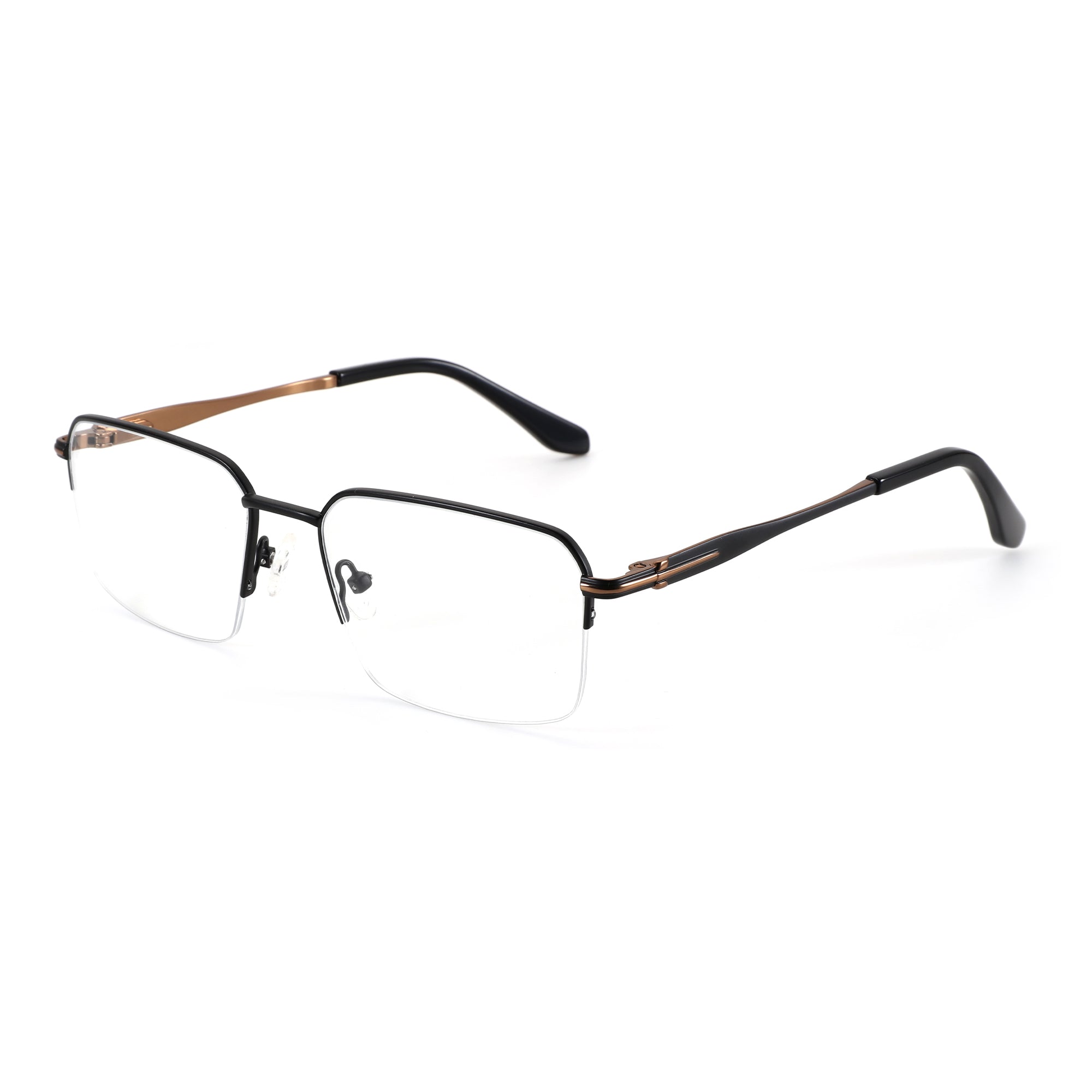 Zenottic Barlow eyeglasses with black metal half-rim frame and gunmetal accents on the temples.