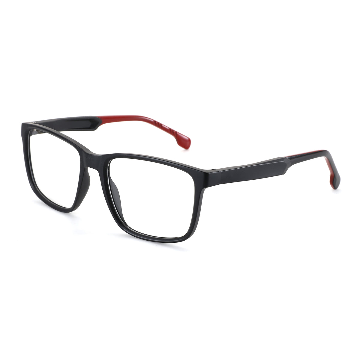 Zenottic Raphael black TR90 eyeglasses with red temple accents.