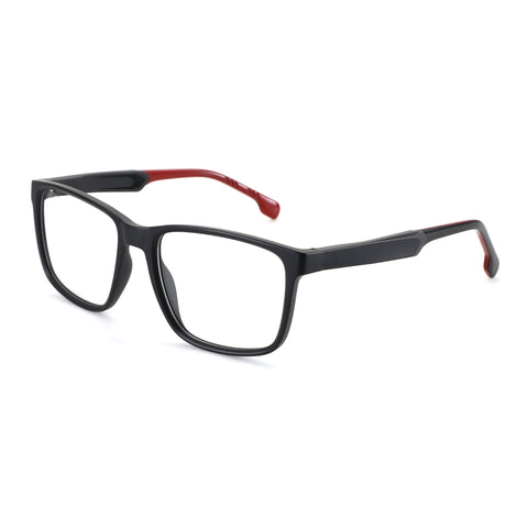 Zenottic Raphael black TR90 eyeglasses with red temple accents.
