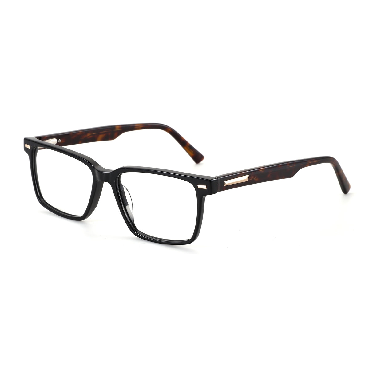 Zenottic Arnold black acetate eyeglasses with tortoise shell temples and gold accents.