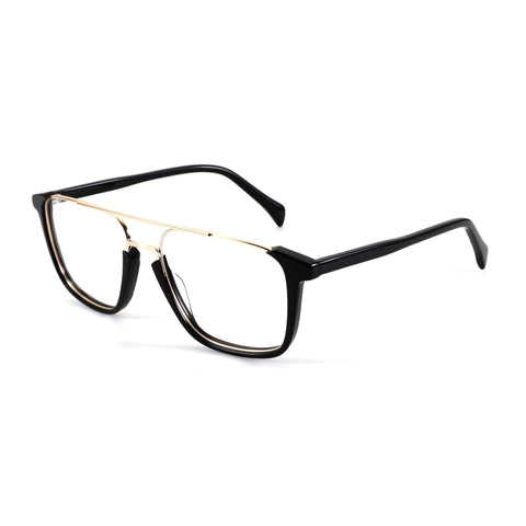 Zenottic Reuben black aviator eyeglasses with gold double bridge and clear lenses.