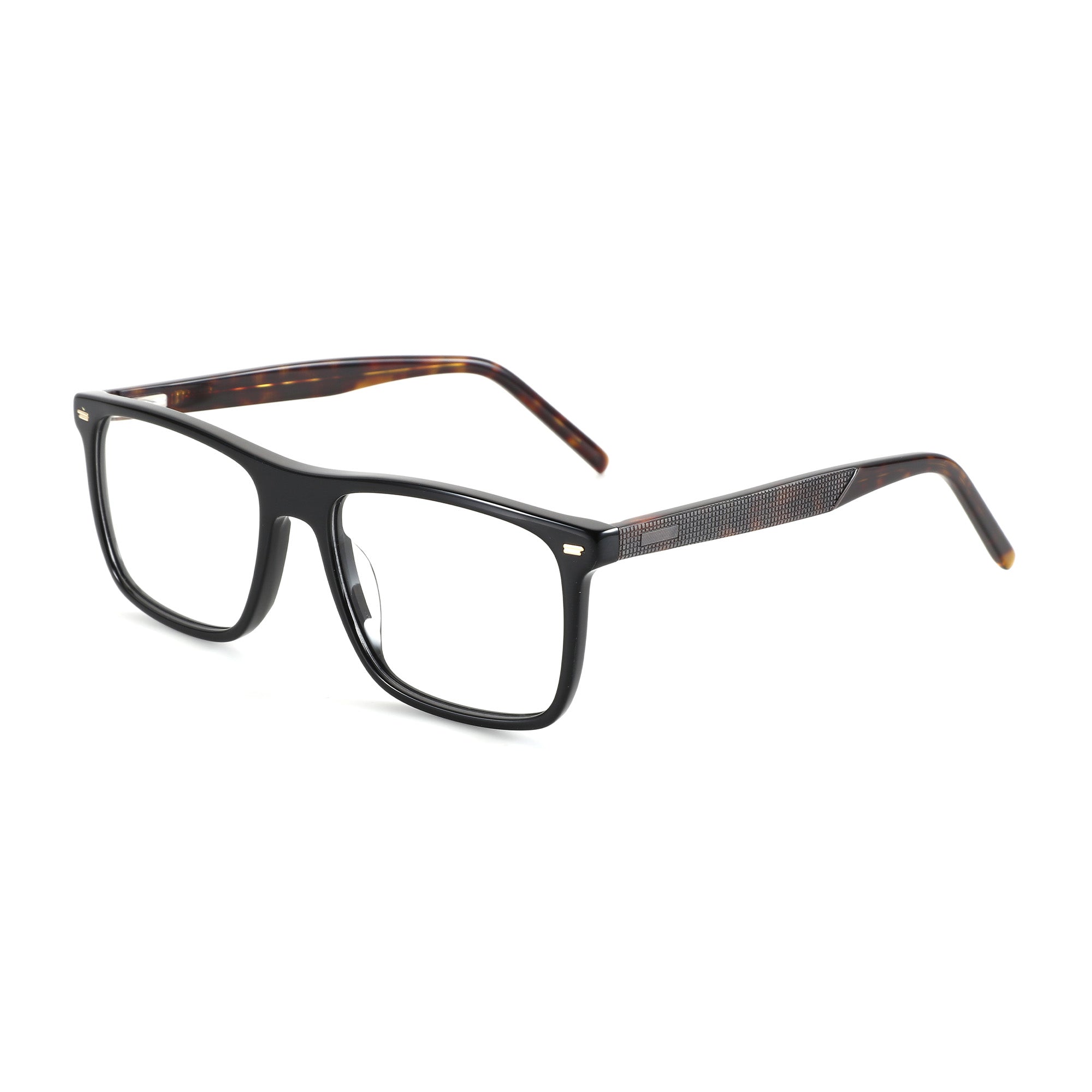 Zenottic Bert eyeglasses with black acetate rectangular frame and tortoise shell temples. Features textured temple detail.