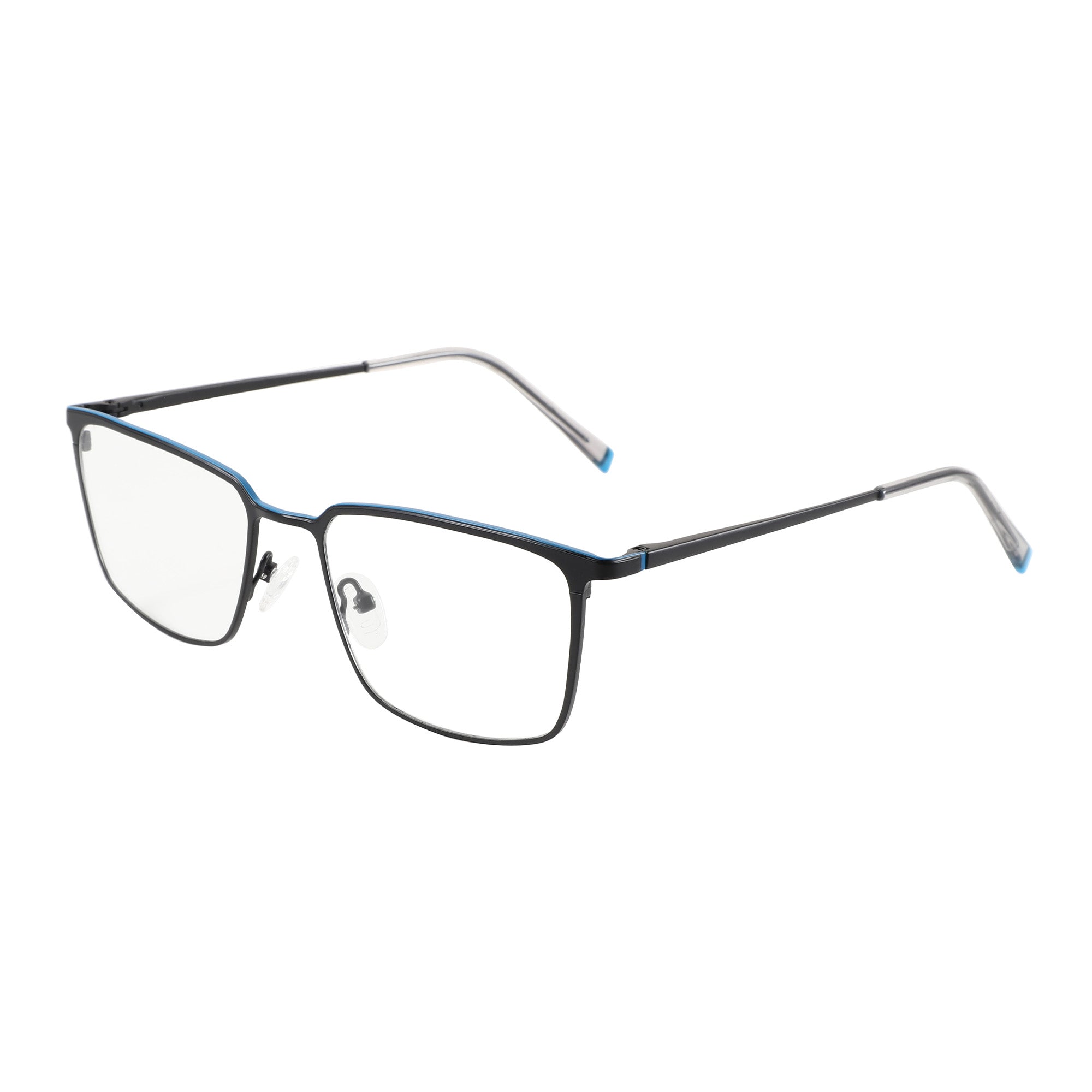 Zenottic Eyeglasses Tony: black metal full-rim frames with blue accents, clear lenses.