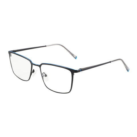 Zenottic Eyeglasses Tony: black metal full-rim frames with blue accents, clear lenses.