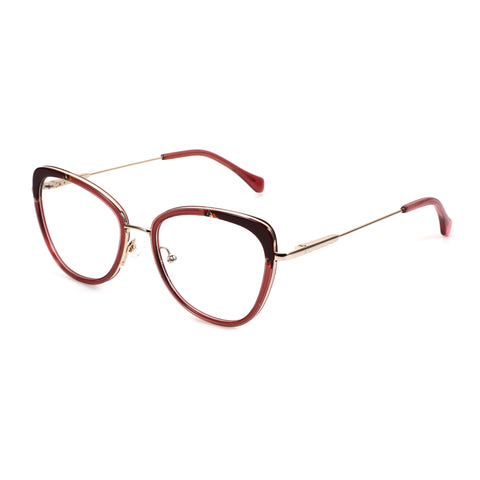 Zenottic Paloma cat-eye eyeglasses with red acetate and gold metal frame.