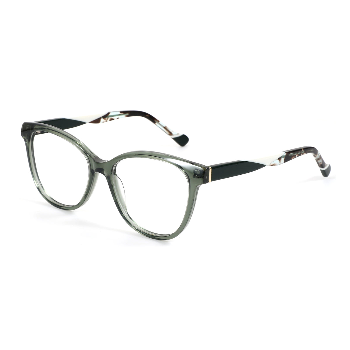 Zenottic Isolde eyeglasses in translucent green with a tortoiseshell pattern on the temples.
