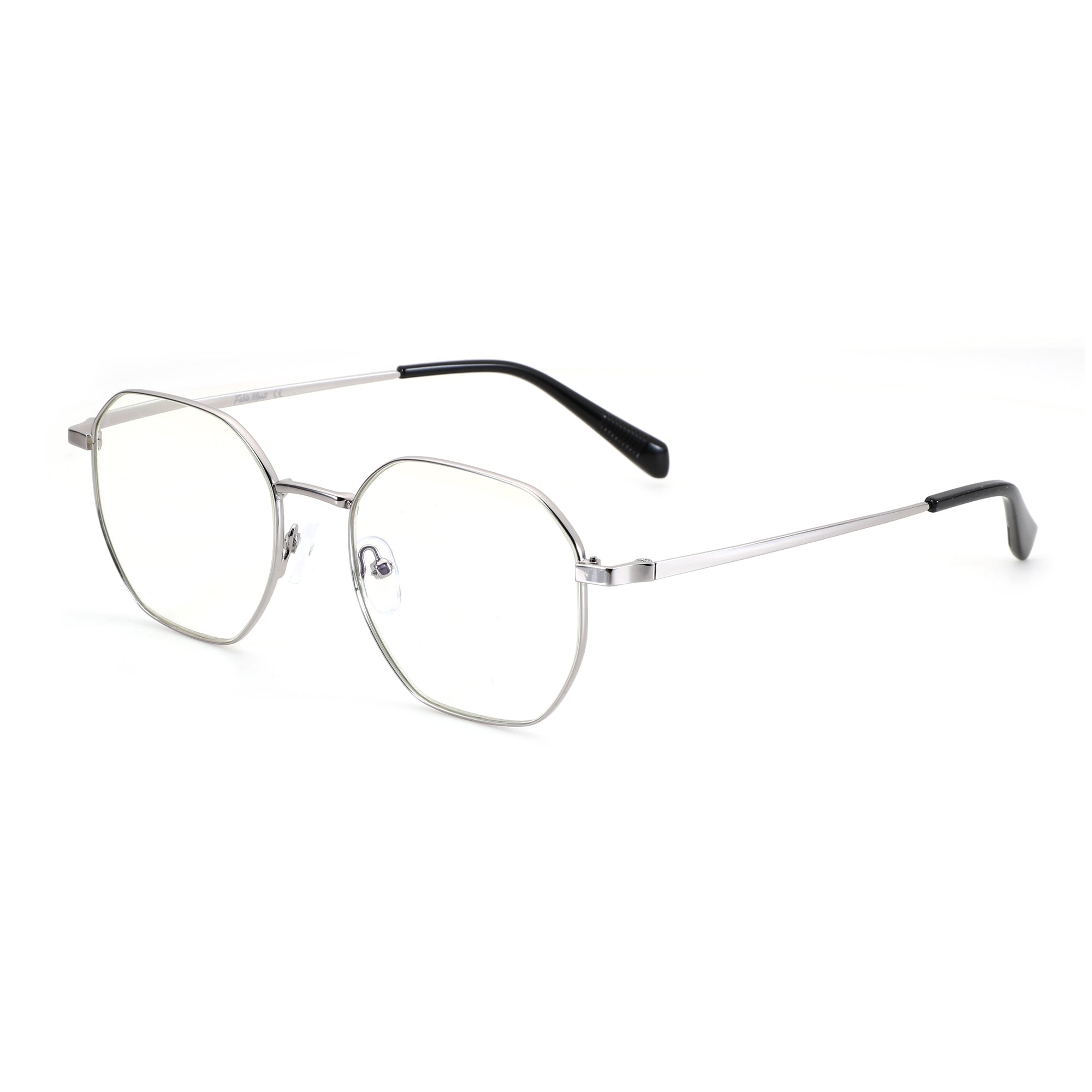 Silver geometric metal Zenottic Baldwin eyeglasses with clear lenses and black temple tips.