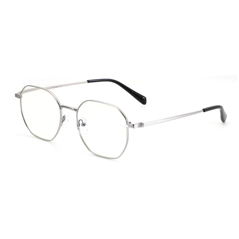 Silver geometric metal Zenottic Baldwin eyeglasses with clear lenses and black temple tips.