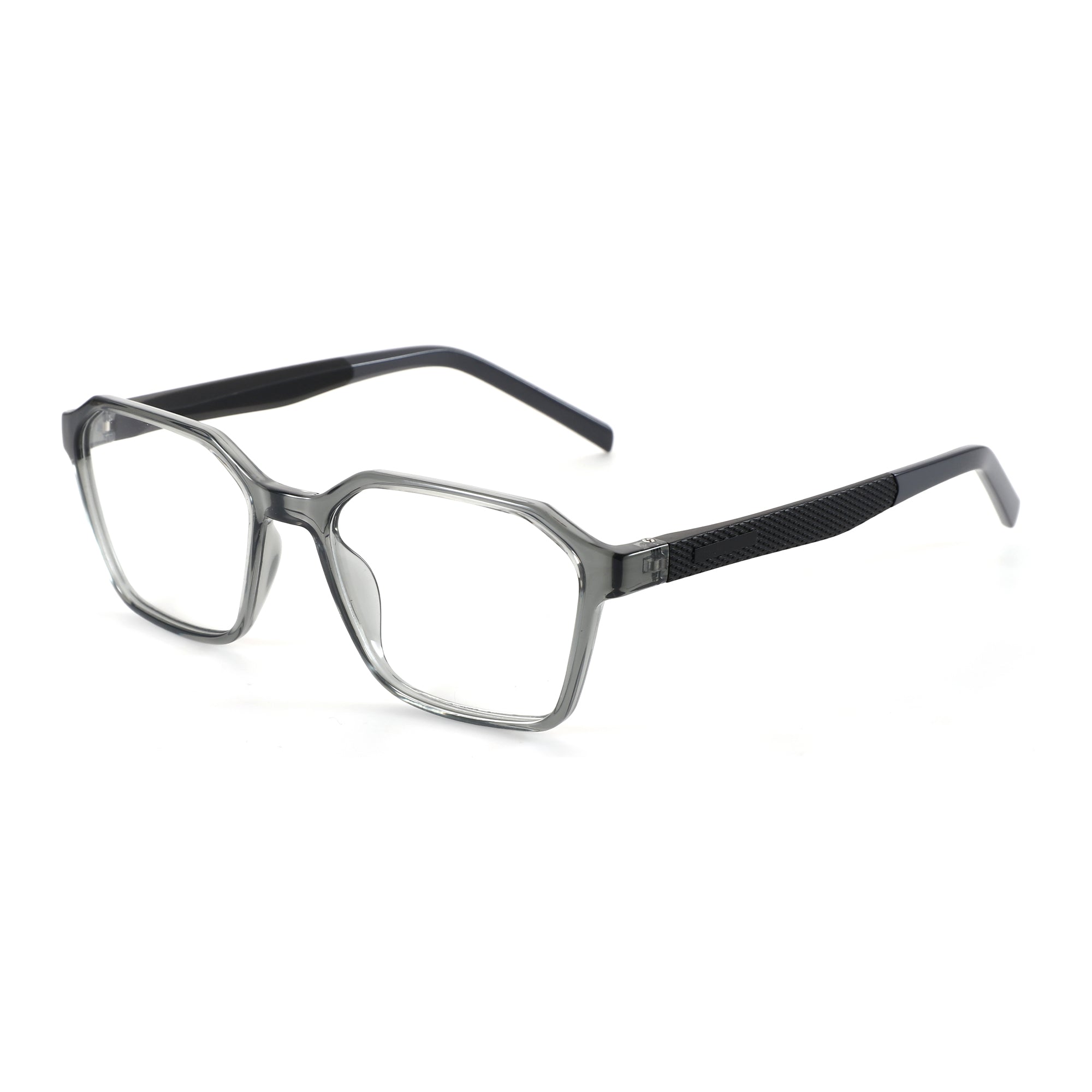 Zenottic Barnett eyeglasses with translucent grey polygonal frame and textured black temples.