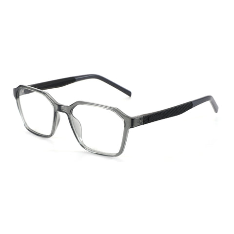 Zenottic Barnett eyeglasses with translucent grey polygonal frame and textured black temples.