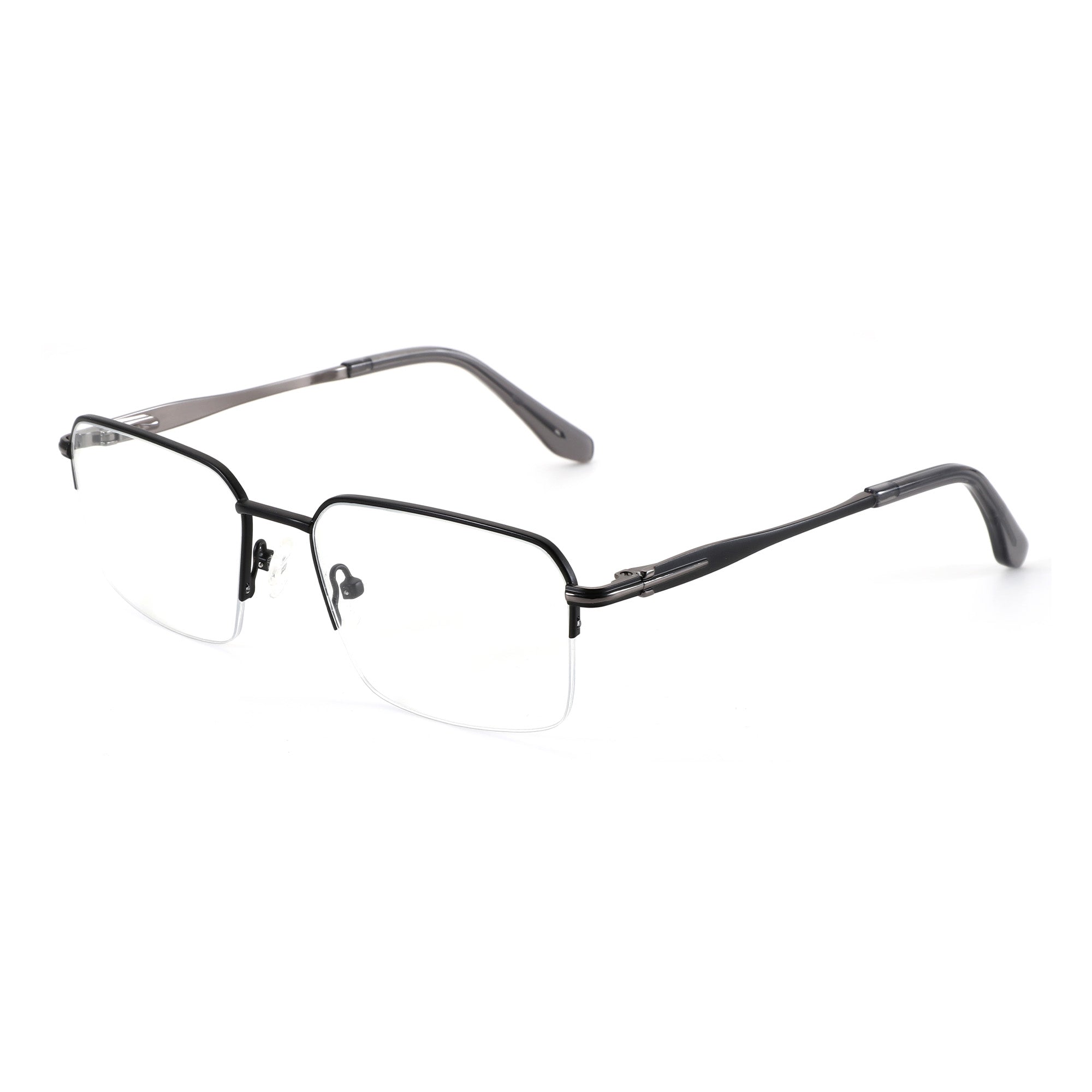 Zenottic Barlow eyeglasses feature a black metal semi-rimless frame with clear lenses and gunmetal temples.