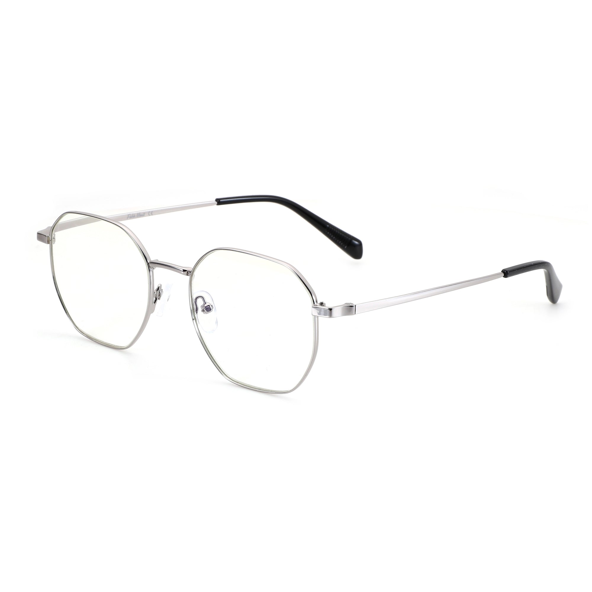 Silver geometric metal Zenottic Baldwin eyeglasses with clear lenses and black temple tips.