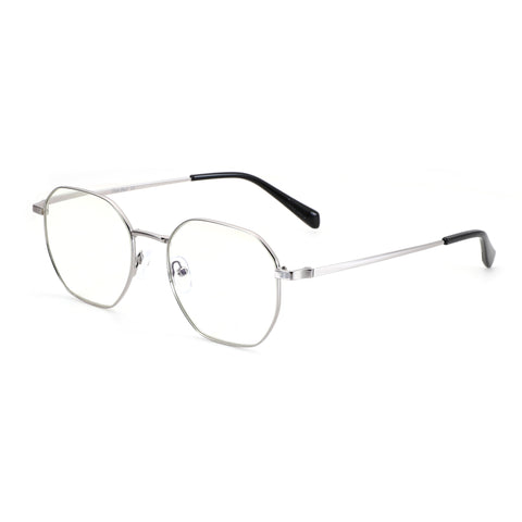Silver geometric metal Zenottic Baldwin eyeglasses with clear lenses and black temple tips.