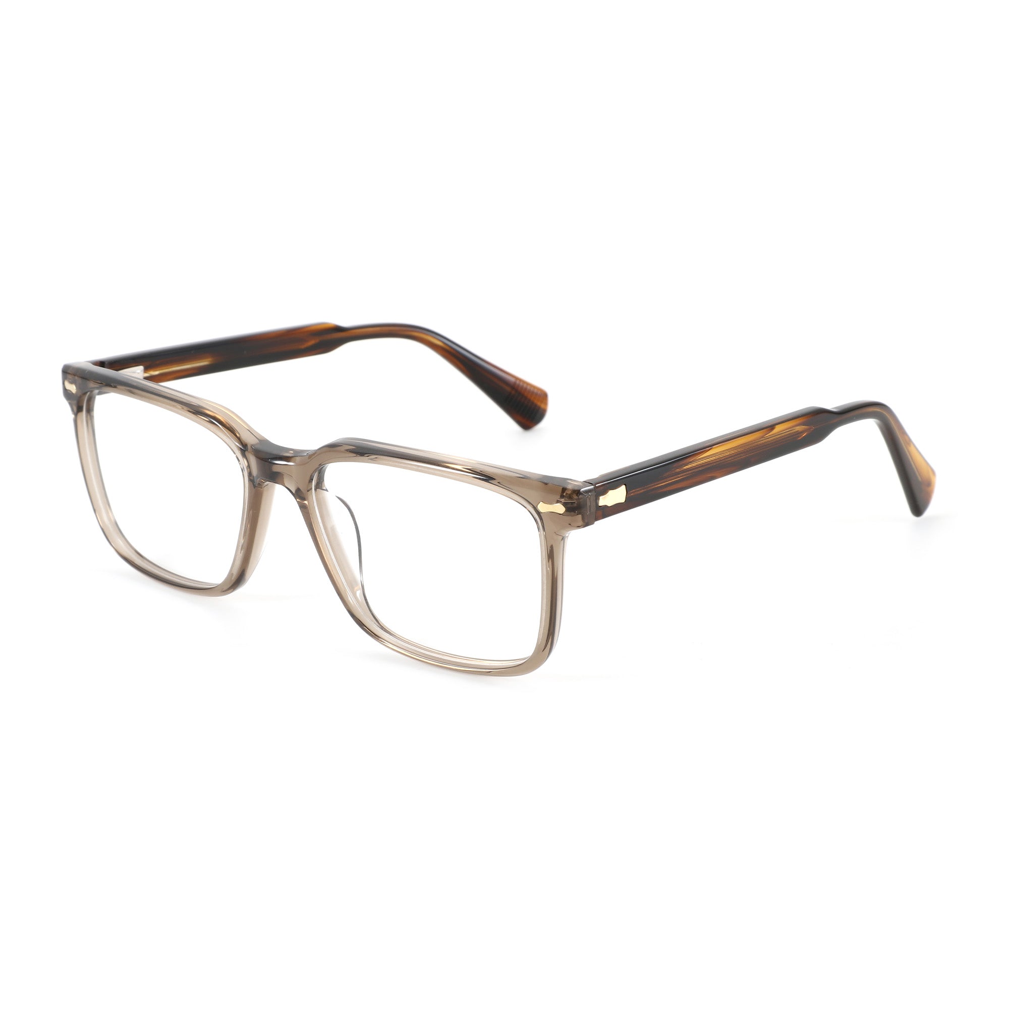 Zenottic Ted eyeglasses with transparent grey acetate full-rim square frame and tortoise shell temples.