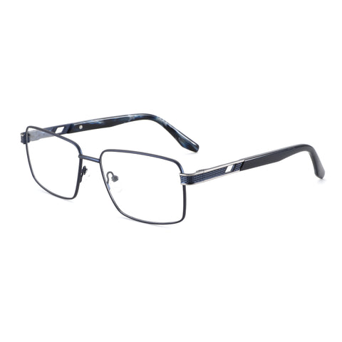 Zenottic Eyeglasses Vincent, rectangular metal frames, dark blue with marbled temples, clear lenses.