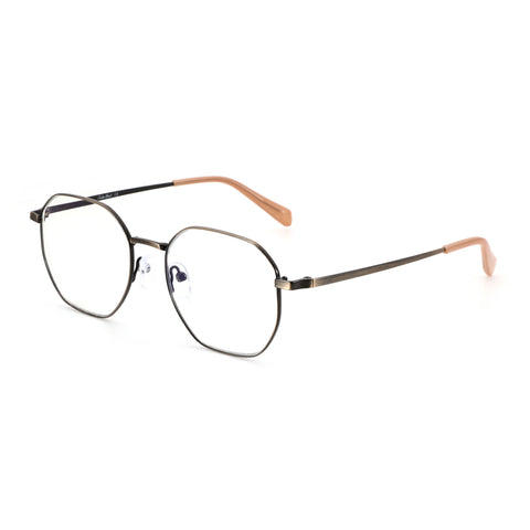 Zenottic Baldwin eyeglasses with a geometric metal frame and beige temples.