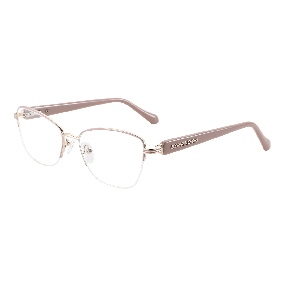 Zenottic Thalassa eyeglasses with a rose gold metal frame and taupe temples, featuring decorative chain link detail.
