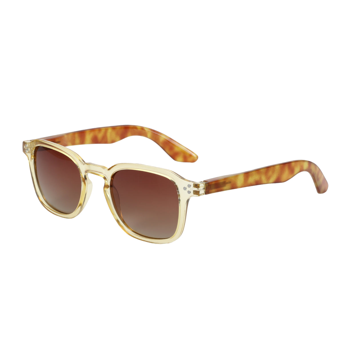 Zenottic Urban sunglasses, square frame with transparent yellow and brown tortoise temples, brown lenses