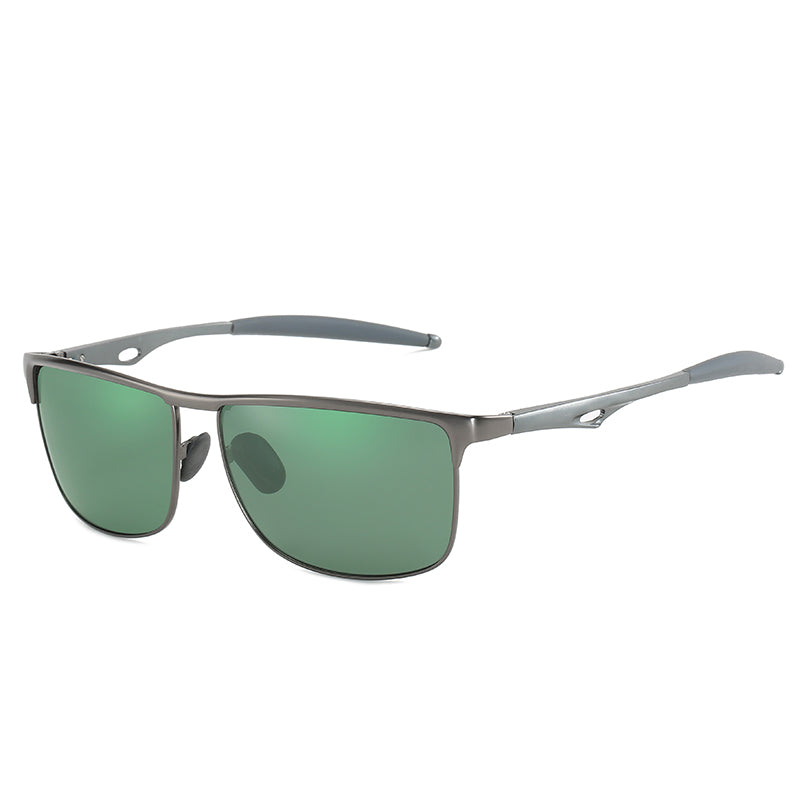 Zenottic Billy Sunglasses - Square frame, gray metal, green polarized lenses, sport style for men