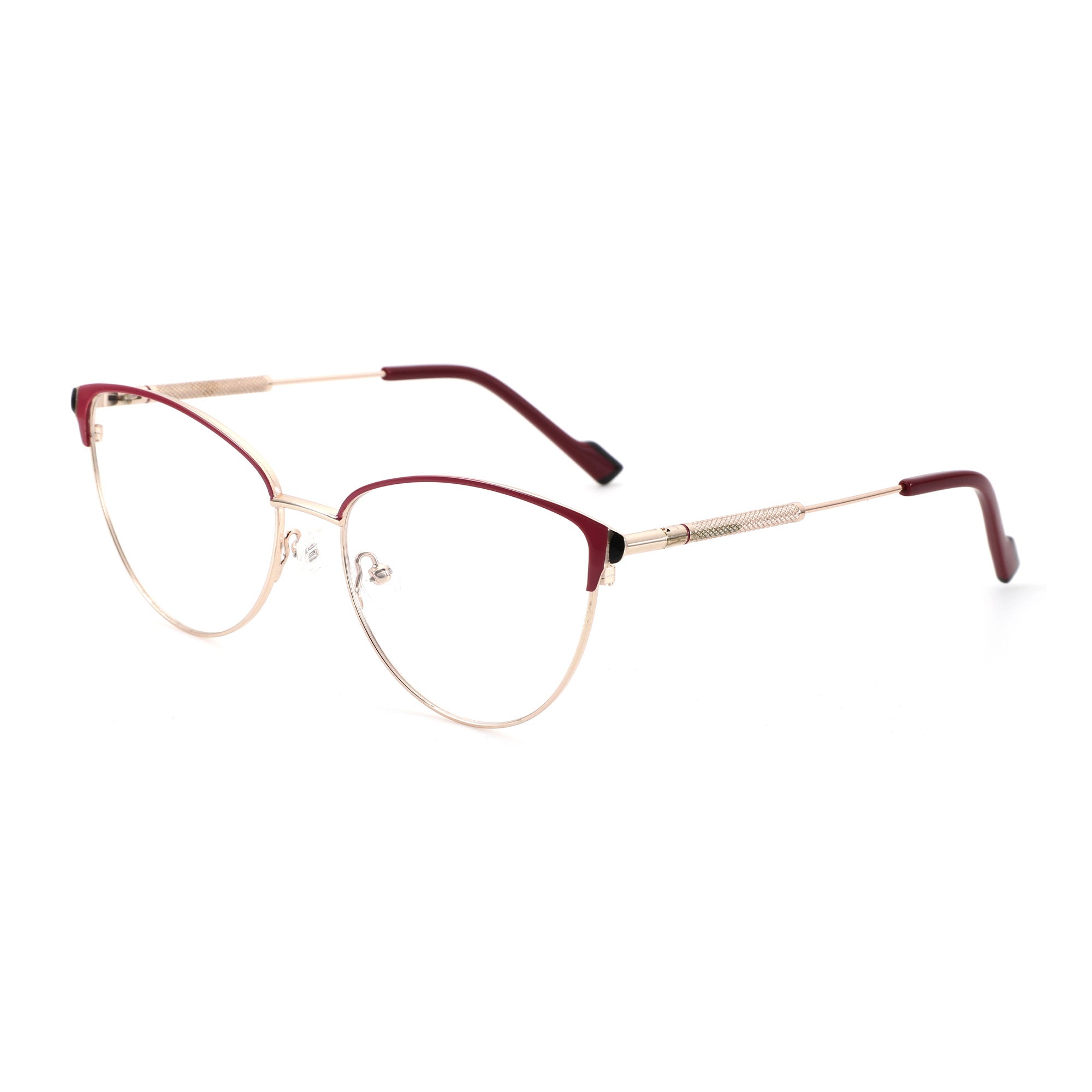 Zenottic Mirabelle eyeglasses with gold frame and burgundy accents, clear lenses, FRHD602 cat-eye