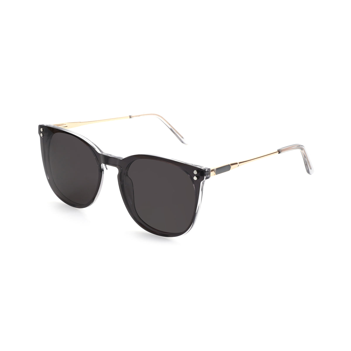 Zenottic Sun Glasses Rebecca: Clear acetate frame sunglasses with dark polarized lenses and gold metal temples.