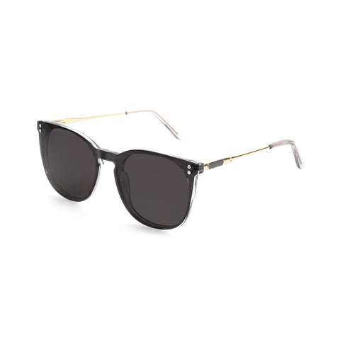 Zenottic Sun Glasses Rebecca: Clear acetate frame sunglasses with dark polarized lenses and gold metal temples.
