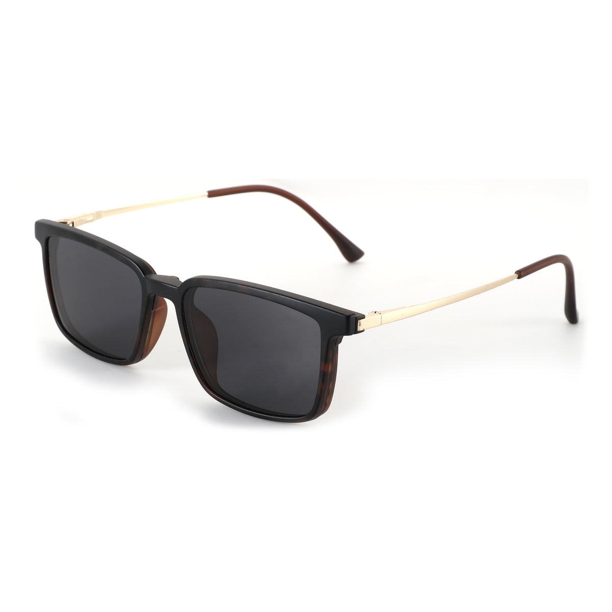 Zenottic Colin sunglasses with a black plastic frame, gold arms, and dark lenses for men.