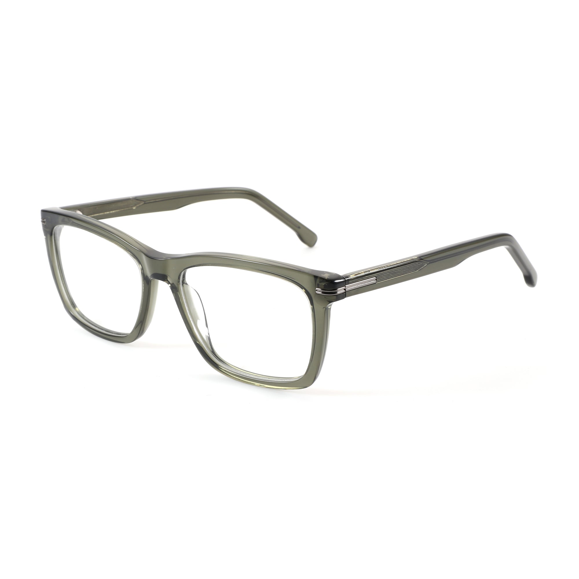 Zenottic Upton square acetate eyeglasses in a muted green hue, featuring clear demo lenses and silver temple accents.