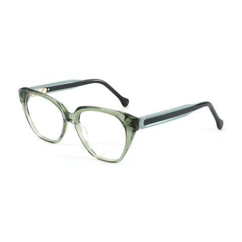 Zenottic Heloise cat eye eyeglasses in translucent green acetate with black and blue temple accents.