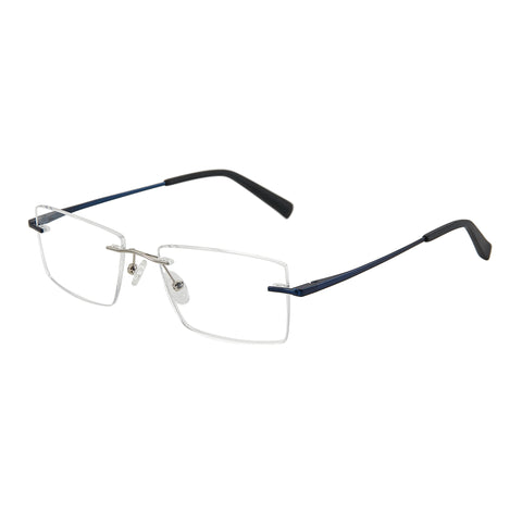 Zenottic Zayden rimless eyeglasses with thin blue metal temples and clear lenses.