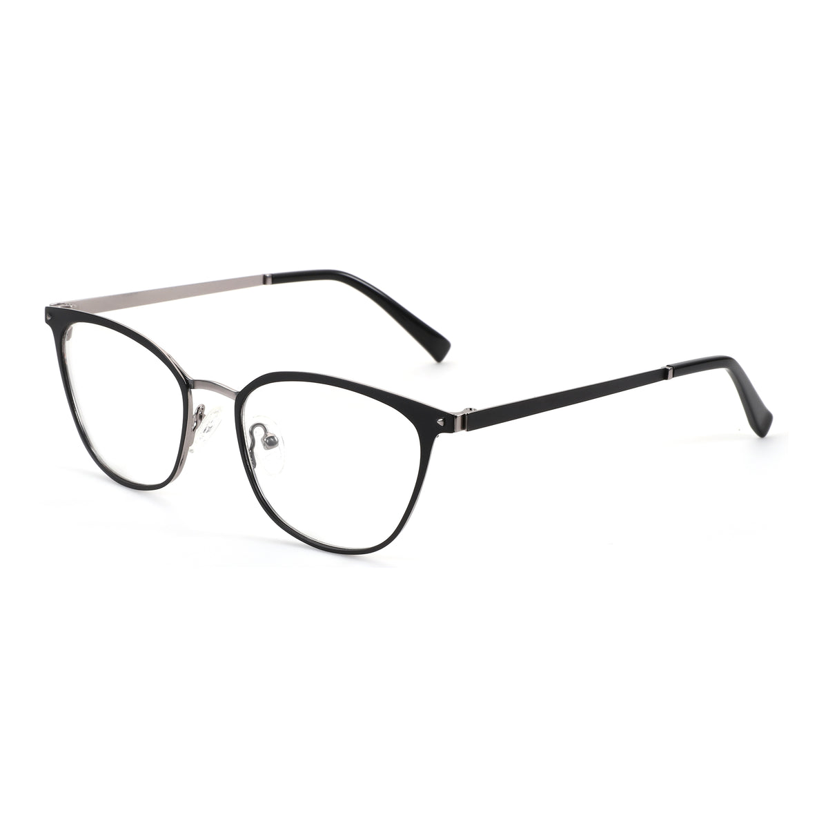 Zenottic Eyeglasses Maya: black metal frames with silver accents, cat-eye shape, clear lenses.