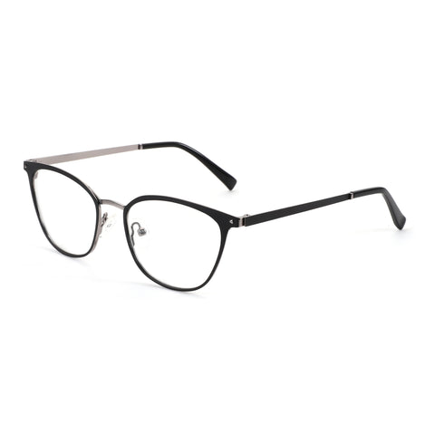 Zenottic Eyeglasses Maya: black metal frames with silver accents, cat-eye shape, clear lenses.