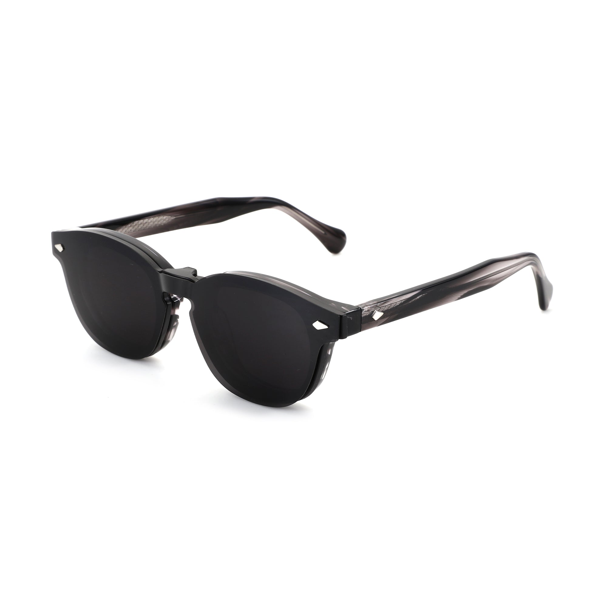 Zenottic Mitchell round black acetate sunglasses with polarized lenses and subtle grey temple veining.