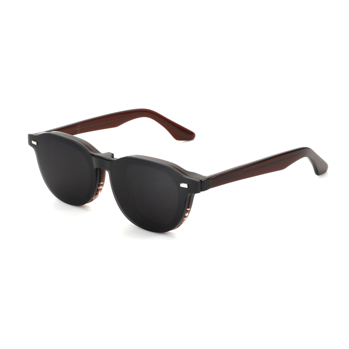 Zenottic Bart geometric sunglasses: black acetate frame, dark resin lenses, wood-grain temples.