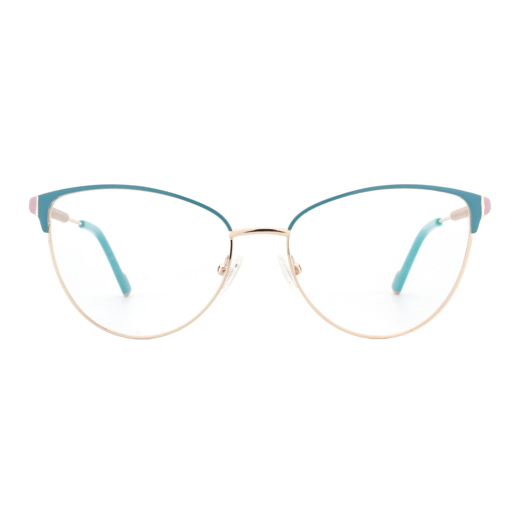 Zenottic Mirabelle eyeglasses, metal full-rim frame, gold, blue and pink accents, round shape, clear lenses, FRHD602