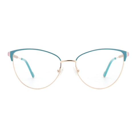 Zenottic Mirabelle eyeglasses, metal full-rim frame, gold, blue and pink accents, round shape, clear lenses, FRHD602