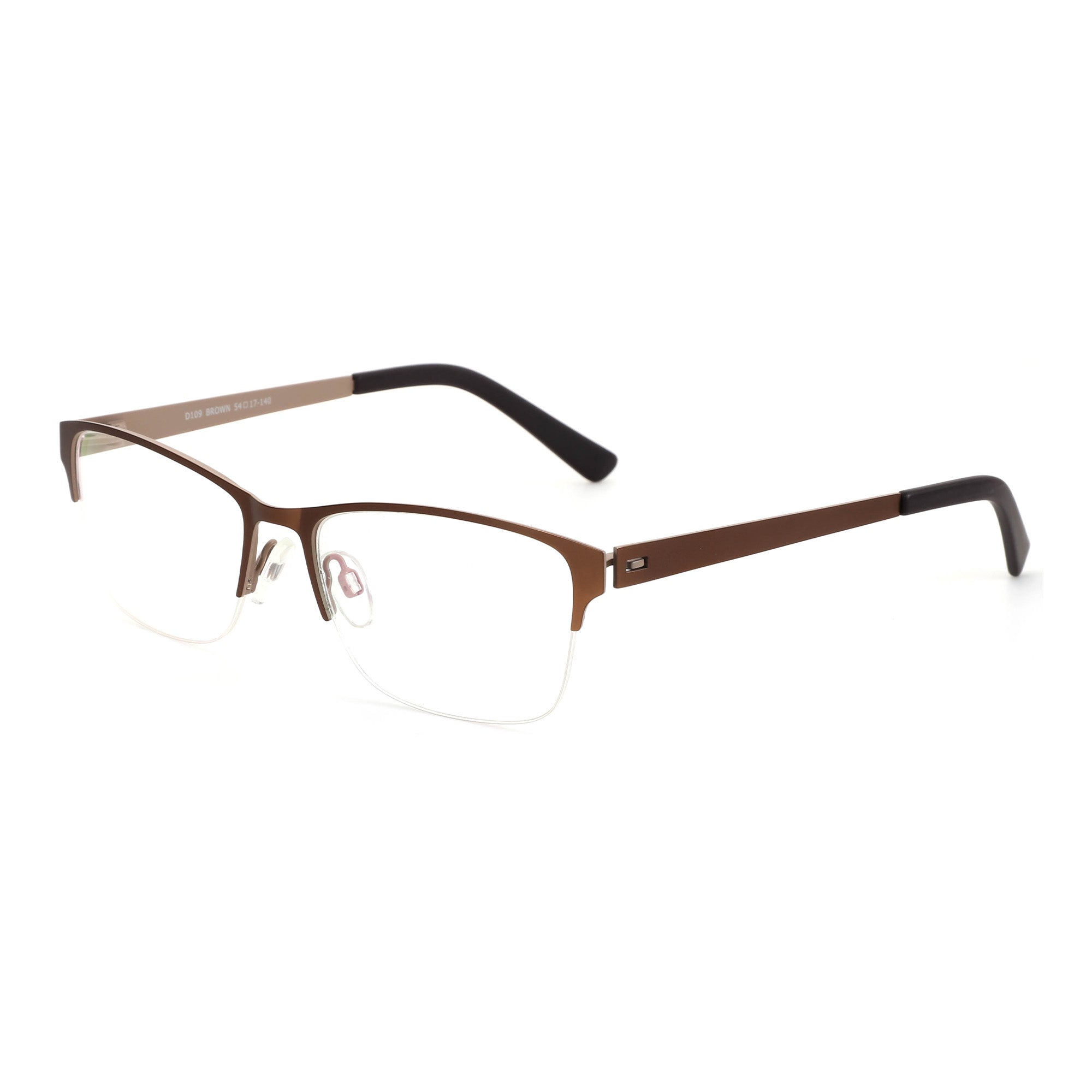 Zenottic brown metal half-rim eyeglasses with clear lenses, model D109, size 54-17-140.