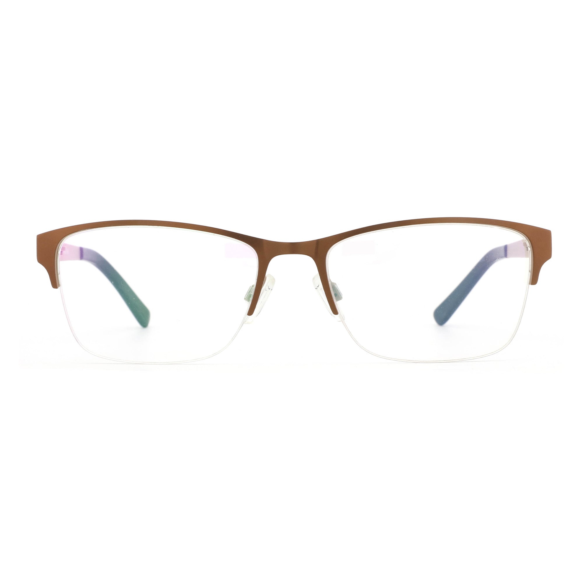 Zenottic Setlla bronze metal half-rim eyeglasses with clear lenses and adjustable nose pads.