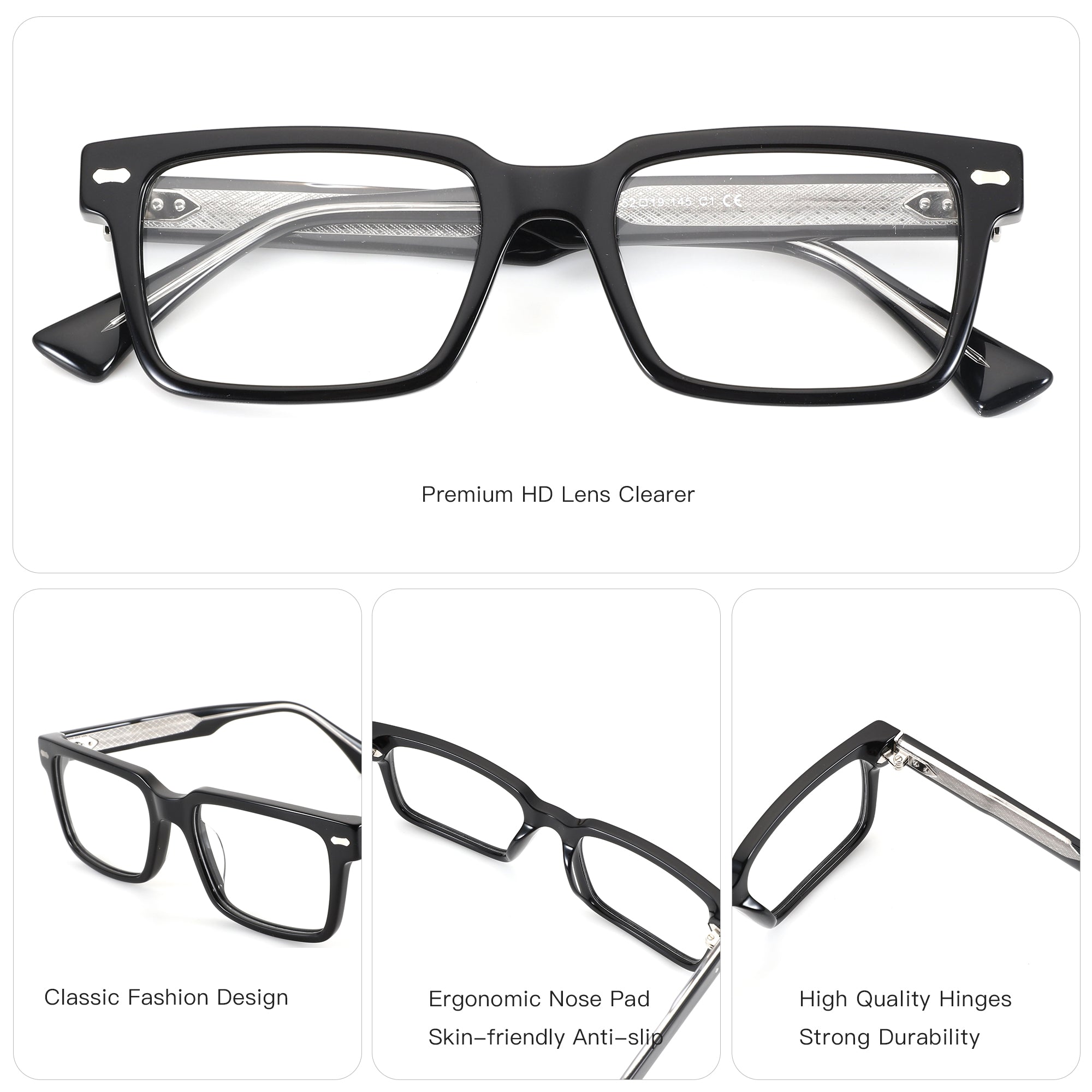Black acetate ZENOTTIC Bryce square eyeglasses featuring classic design and high-quality hinges.