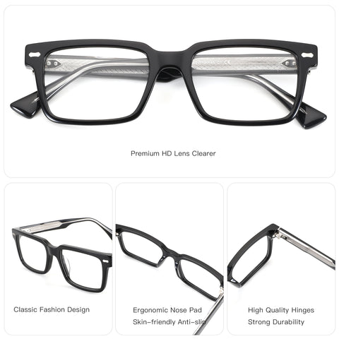 Black acetate ZENOTTIC Bryce square eyeglasses featuring classic design and high-quality hinges.